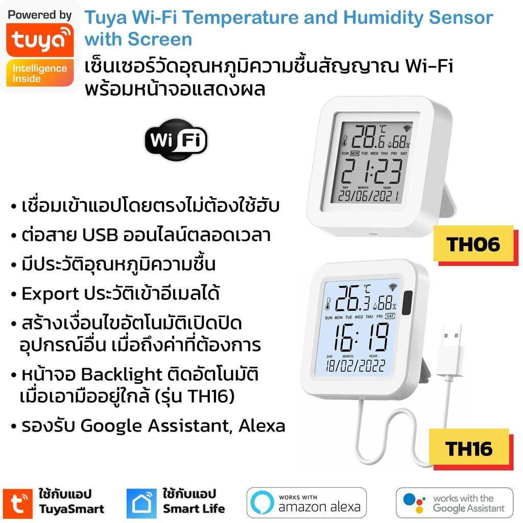 Tuya เซ็นเซอร์วัดอุณหภูมิและความชื้น Wi-Fi (TH06,TH16) เสียบปลั๊กพร้อมหน้าจอ ดูค่าผ่านแอป สร้างเงื่อนไขได้