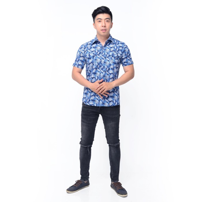 เสื้อเชิ้ตผู้ชาย KEMEJA เสื้อเชิ้ตยืดแขนสั้นผู้ชายรุ่นใหม่ล่าสุด - Jfashion Dhani - สีฟ้าอ่อน M เสื้