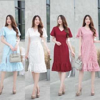hbstation.shop เสื้อผ้าแฟชั่น เดรสลูกไม้ สีฟ้า ขาว แดง ชมพู พร้อมส่ง