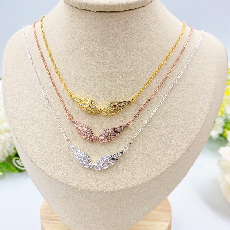 สร้อยทองจี้ปีกนกฝังเพชร น่ารัก สีเงิน ทอง พิงค์โกลด์  ชุบทอง24K ยาว18.5นิ้ว สร้อยปรับสั้น-ยาวได้ สร้อยคอพร้อมจี้ 0252