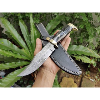 มีดดามัสกัส (Damascus knife, horn handle)) ค่าย Alilstar (UK) มีดใบตาย มีดเดินป่า มีดโบวี่ เกรดพรีเมี่ยม เขาควาย ซองหนัง