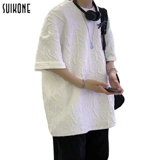 Suikone ฤดูร้อนผู้ชายแขนสั้นสีทึบน้ำยี่ห้อลำลองเสื้อยืดหลวมทุกการแข่งขันรอบคอนักเรียนแขนห้าจุด