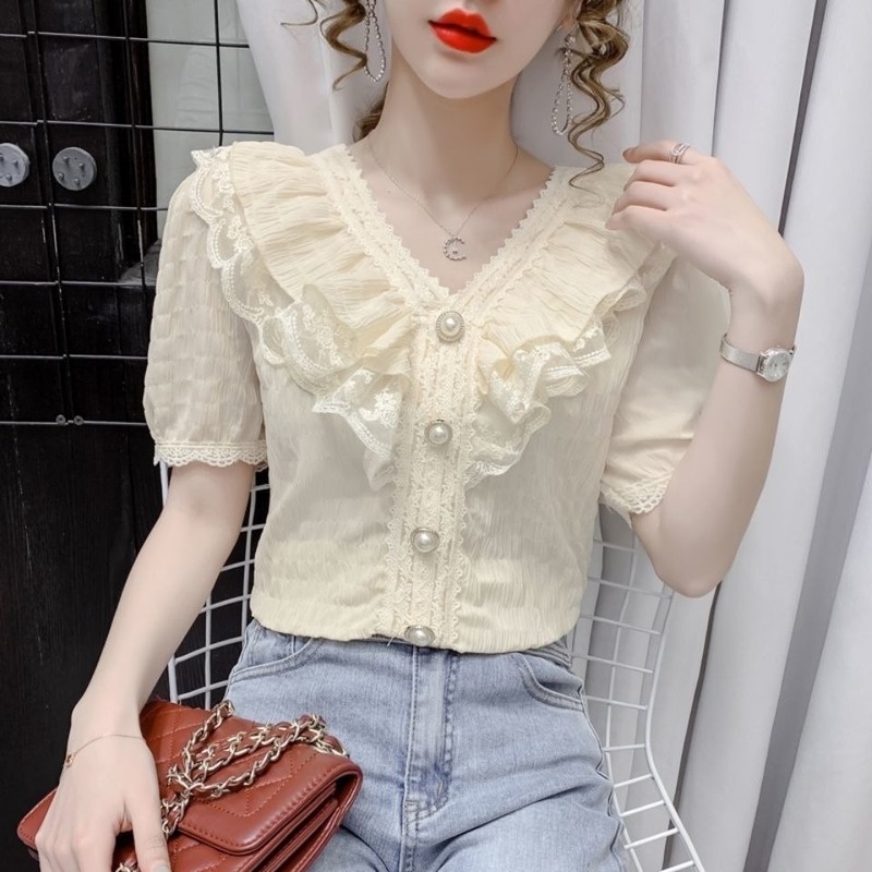 Mlebr Women's Chiffon Summer Blouse - V Neck Twist Front Short Sleeve Tops