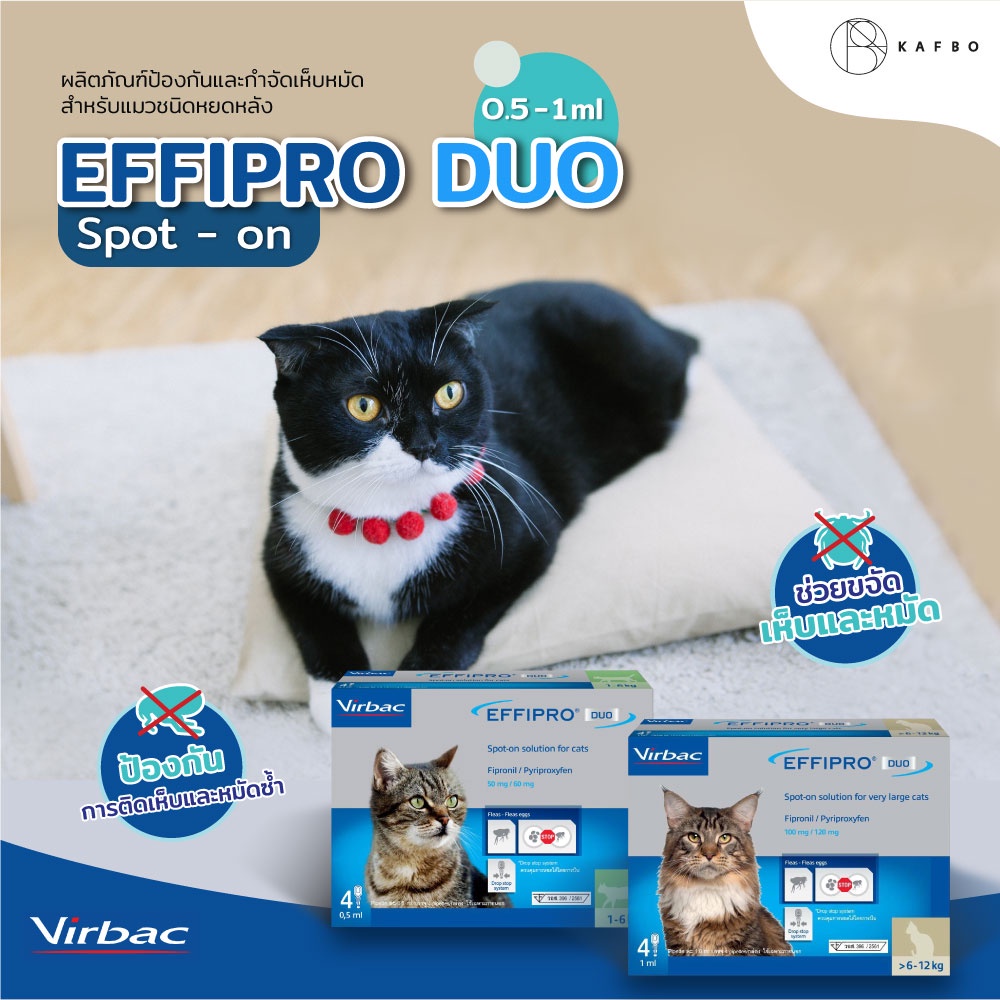 Virbac Effipro Duo Spot-On เอฟฟิโปร ดูโอ้ สปอต ออน ผลิตภัณฑ์กำจัดหมัด ชนิดหยดหลัง สำหรับแมว บรรจุ 4 หลอด