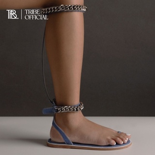 Tribe. รองเท้าหนังผู้หญิง รุ่นโซ่ Harper Jean Sandals หนังวัวนิ่ม สียีนอ่อน Signature