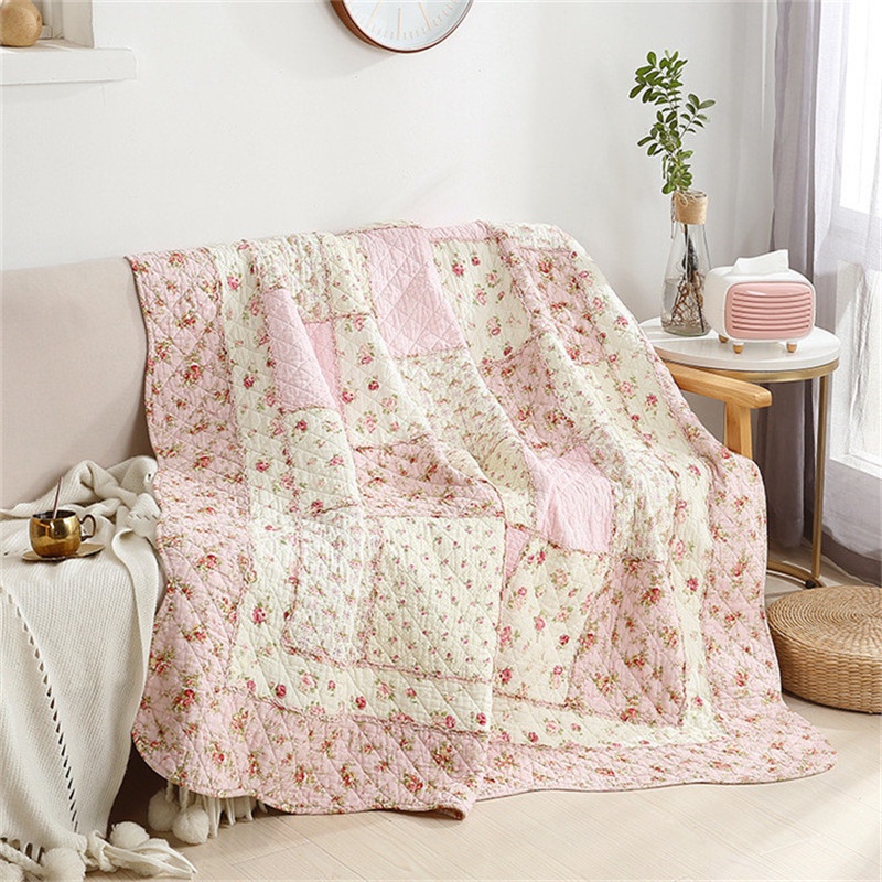 ผ้าฝ้าย 100% Patchwork ผ้านวม Vintage สีชมพูดอกไม้ผ้าคลุมเตียงหน้าแรกผ้าคลุมเตียงผ้านวมผ้าห่ม