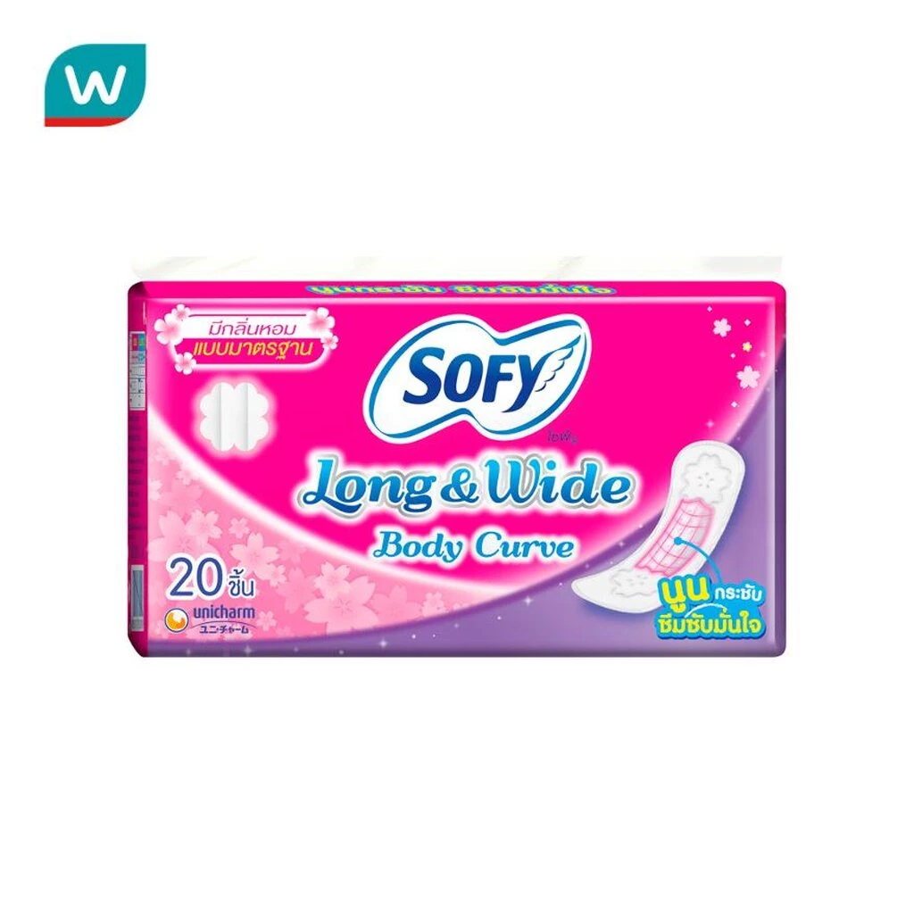 Sofy โซฟี แผ่นอนามัย ลอง แอนด์ ไวด์ บอดี้ เคิร์ฟ แบบมาตรฐาน มีกลิ่นหอม 20 ชิ้น