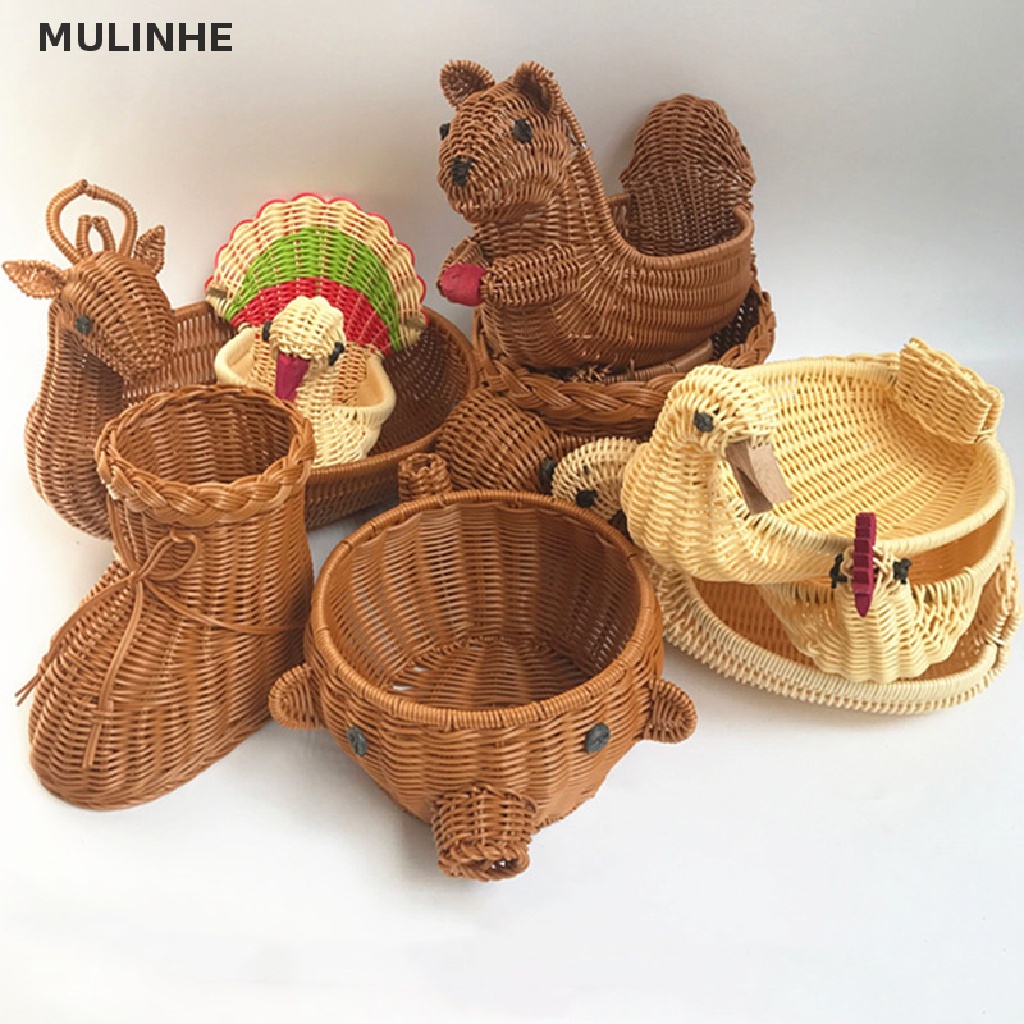 Mulinhe ตะกร้าหวายสาน รูปน่ารัก สําหรับใส่ผลไม้ ผัก ขนมขบเคี้ยว