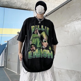 เสื้อยืดผ้าฟอก Billie eilish เสื้อโอเวอร์ไซส์ เสื้อยังโอม ฮิปฮอป