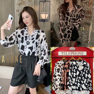 🔆Sunny🔆ป้ายLALUNE✨เสื้อเชิ้ตลายวัว เรียบหรูสไตล์วินเทจ🐄ผ้าเกรดพรีเมียม 4โทนสี