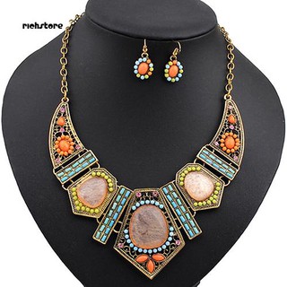 RichS_Womens Boho Colorful Hollow Statement Chain Choker Necklace Hook Earrings Set