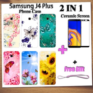 2 IN 1 เคสโทรศัพท์ Samsung J4 Plus พร้อมกระจกนิรภัยกันรอยเซรามิก หน้าจอโค้ง ฟิล์มนิรภัย ผีเสื้อ