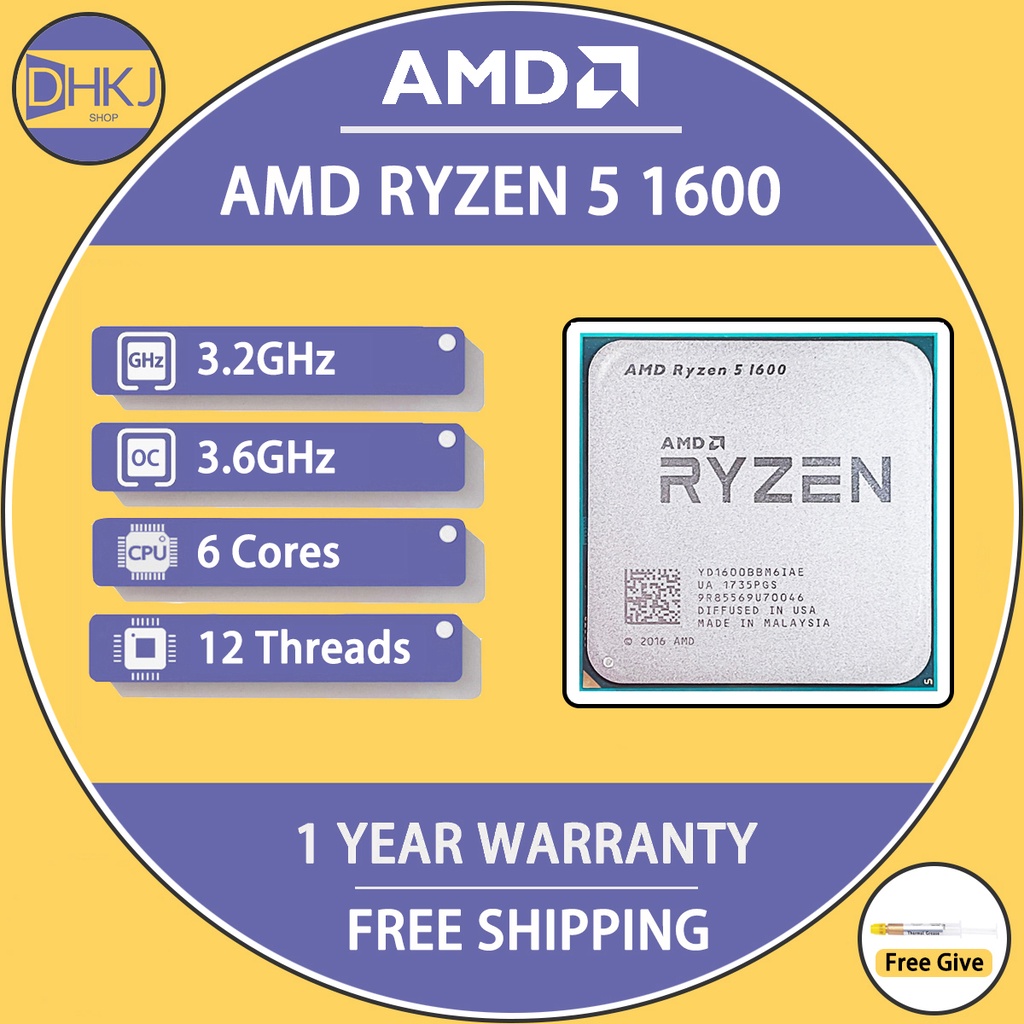 ใช้ AMD Ryzen 5 1600 R5 1600 3.2 GHz หกแกนสิบสองด้าย 65W CPU โปรเซสเซอร์ YD1600BBM6IAE ซ็อกเก็ต AM4 