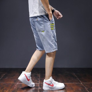 ♣♣Ripped Denim Shorts Men s Summer Outerwear Trends Wear Loose big size five - กางเกงขาสั้นเอวยางยืดกางเกงบางฤดูร้อน