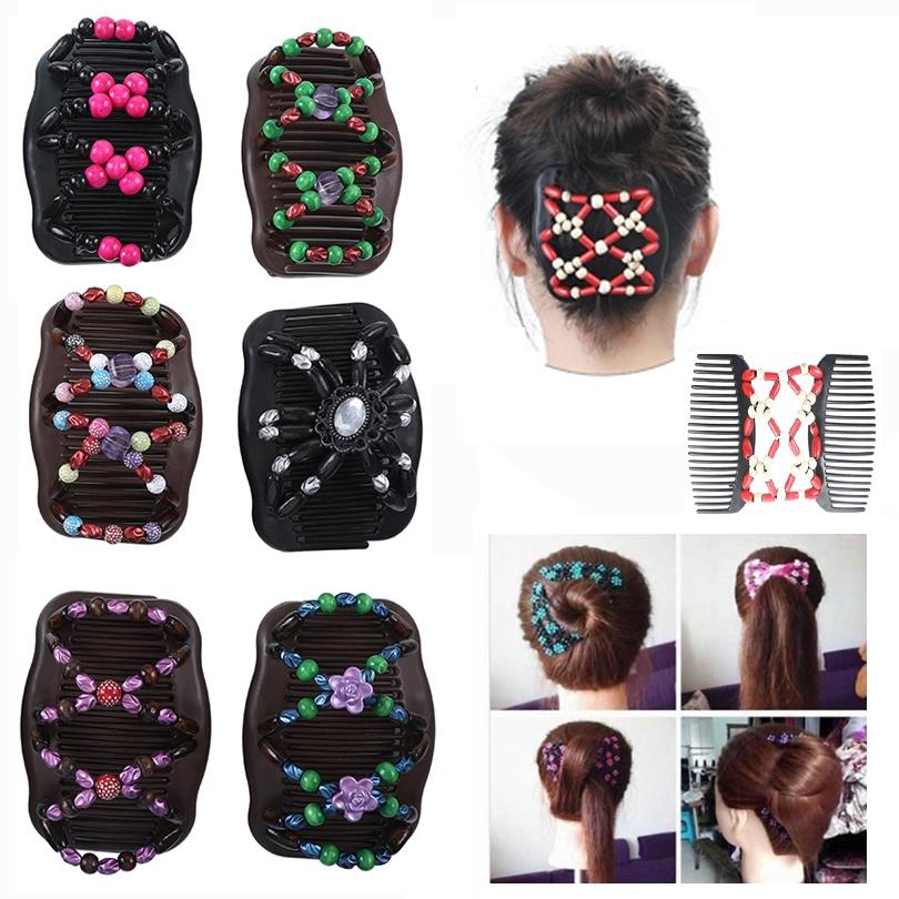 1Pcs Easy Magic Wood Beads Double Hair Comb Clip Stretchy Women Hair Accessories (Random Color)