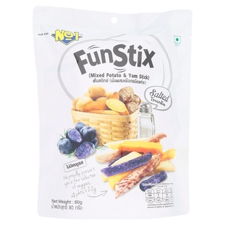 ✨ขายดี✨ เอ็นโอไอ ฟันสติกซ์ มันผสมเผือกชนิดแท่งโรยเกลือ 20กรัม x 4 ซอง N.O.I Fun Stix Mixed Potato &amp; Yam Stick Salted 20g