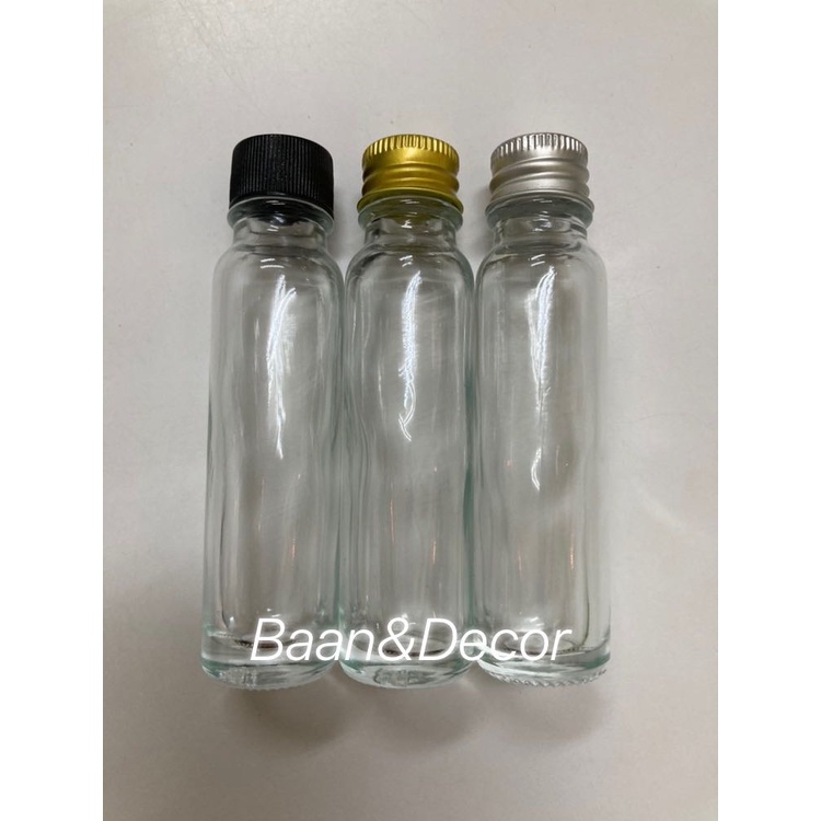 ขวดแก้ว 20 ml แพค 20 พร้อมจุกมีรู และฝาเดือยพลาสติกสีดำ ฝาอลูมิเนียม สำหรับใส่น้ำมันนวดต่างๆ