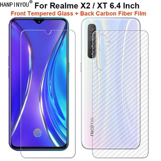 สําหรับ Realme X2 / XT 6.4 นิ้ว 1 ชุด = สติกเกอร์ฟิล์มคาร์บอนไฟเบอร์ด้านหลัง + กระจกนิรภัยใส ป้องกันหน้าจอ ด้านหน้า