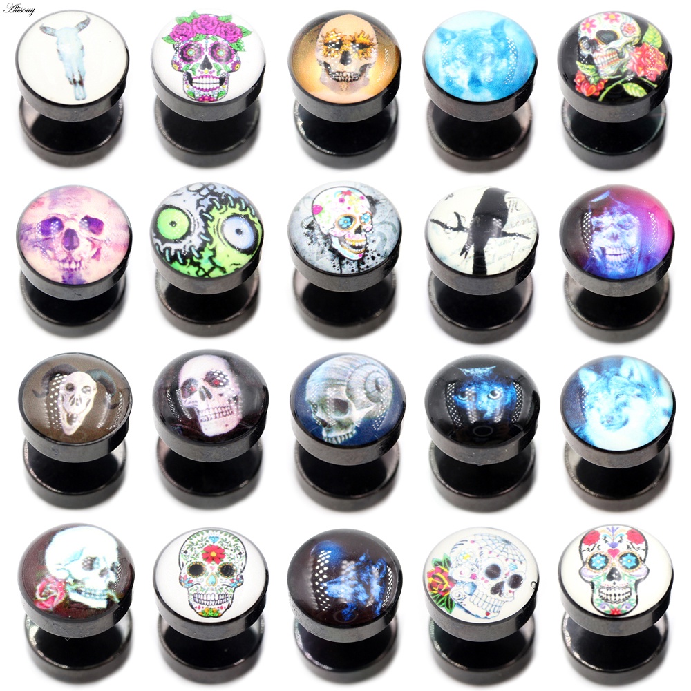 Alisouy 2 ชิ้น ต่างหูสแตนเลส unisex barbell ear stud ออกแบบเป็นศีรษะกะโหลกดอกไม้และนก เหมาะสำหรับการเจาะ tragus helix