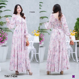 G17494 แม็กซี่เดรสยาว แขนยาว ผ้าชีฟองพิมลายดอกไม้