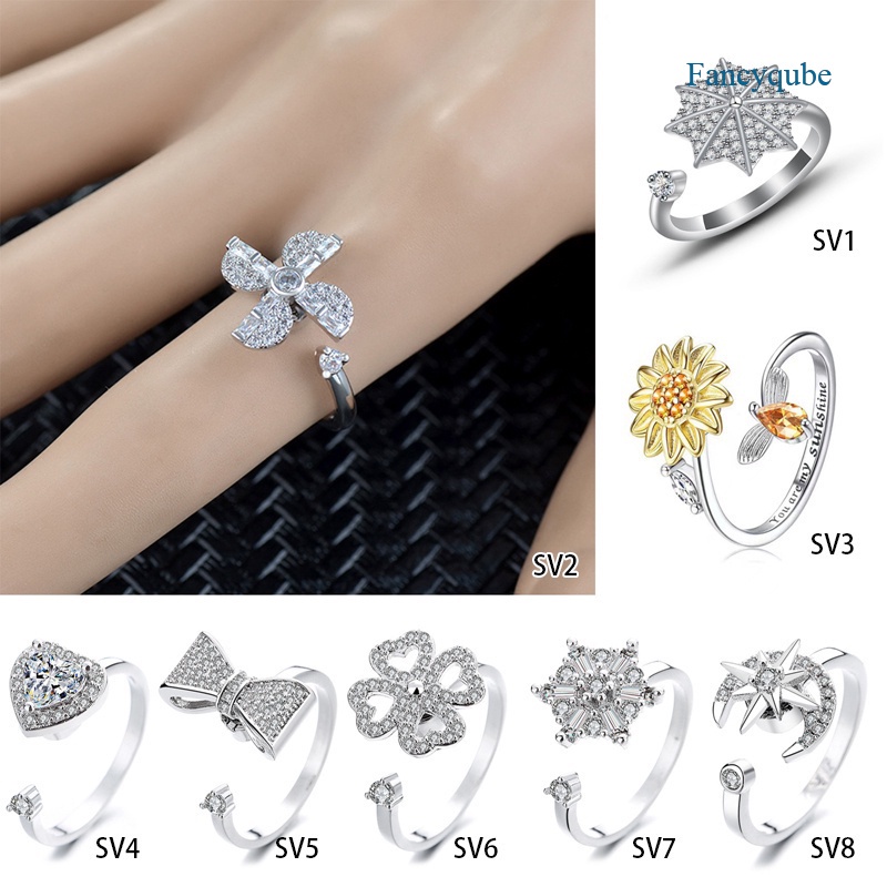 Fancyqube Sunflower Heart Bow Adjustable Finger Spinner Rings Rotate Anti Stress Rings For Women / F