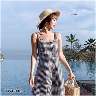 TW12118 Dress เดรสสายเดี่ยวผ้าทอลายสก็อต ติดกระดุมหน้ายาวถึงชาย ด้านหลังผูกโบว์สวยๆ พร้อมส่ง  เดรสสั้นน่ารักๆ