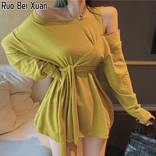 Ruo Bei Xuan เดรสเปิดไหล่แขนยาวแฟชั่นสตรีสไตล์เกาหลีใหม่