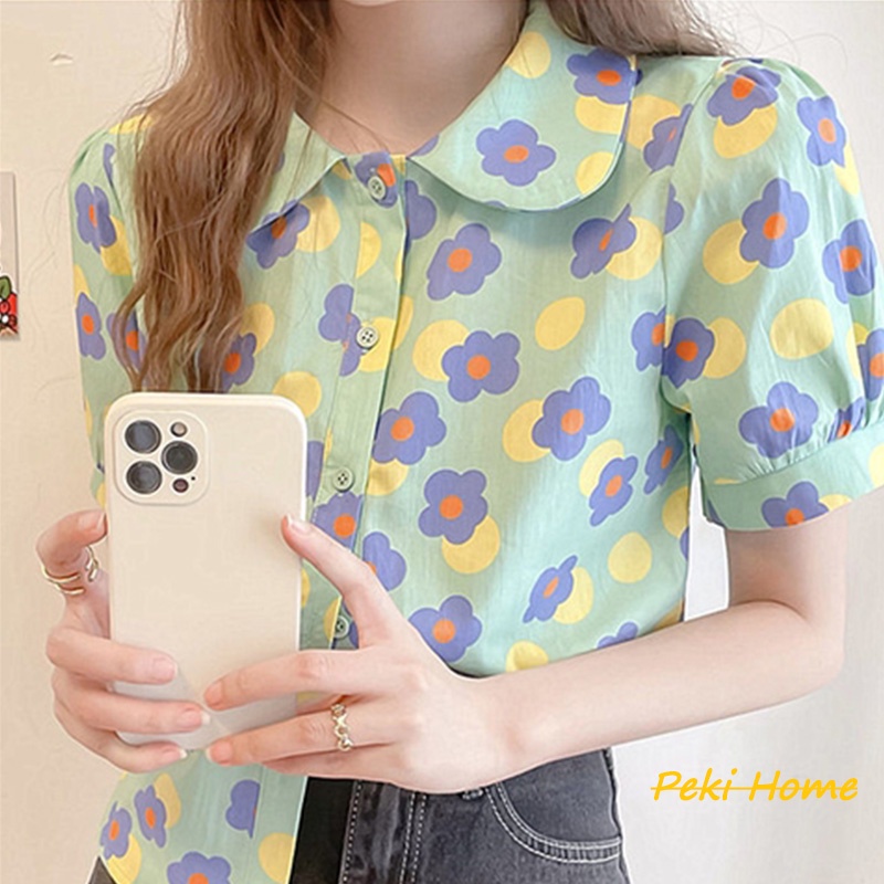 เสื้อเชิ้ตแขนสั้นสำหรับผู้หญิง เสื้อเชิ้ตแฟชั่น เสื้อเชิ้ตลายดอกไม้สุดน่ารักราคาโปรโมชั่นพร้อมส่ง