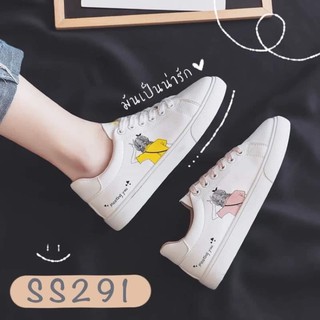 SS291 รองเท้าผ้าใบทรงคลาสสิก หนังนิ่มงานสวย ลายเด็กผู้หญิง สีขาวเหลือง/ชมพู