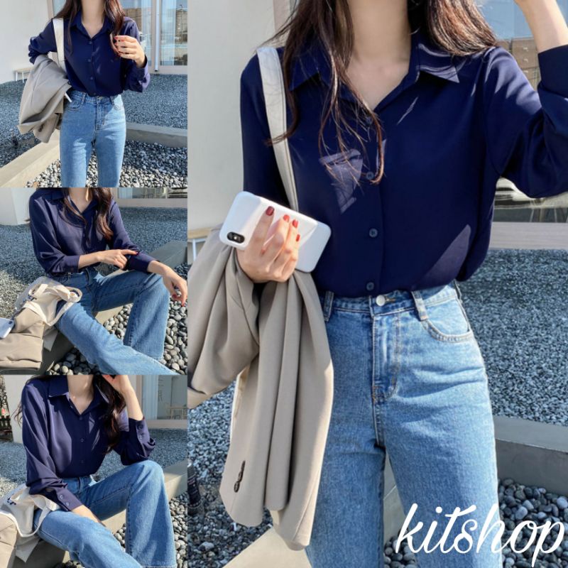 KT01 เสื้อเชิ้ตผู้หญิงสีกรม คอปกแขนยาว มีกระดุมด้านหน้า และปลายแขน เนื้อผ้าไหมอิตาลี ใส่เย็นสบาย ดูดีมีราคา