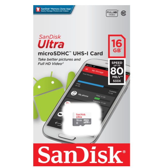 SanDisk Ultra Micro SD Card 16 GB Class 10 SPEED UP TO 80 MB/s** 533X FULL HD เมมโมรี่การ์ด สำหรับ I