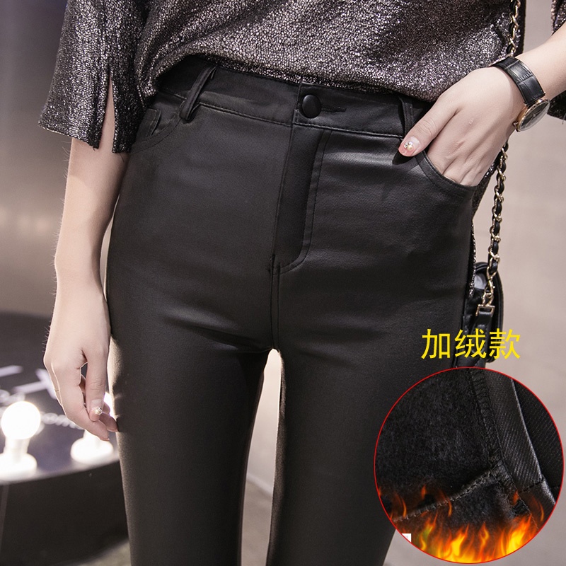 S-2XL PLUS ขนาดหนังเคลือบกางเกงสาวเอวสูง Frosted Slimmer ดูกางเกงผอมอินเทรนด์สีดํา Slim-fit กางเกงสวมใส่ด้านนอกกางเกงขายาว Matte 4 ปุ่ม PLUS กํามะหยี่หนังกางเกง