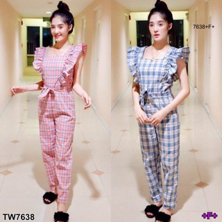 TwinsShopVip💗พร้อมส่ง TW7638  จั้มสูทแขนกุดขายาวลายสก็อต งานแต่งระบาย