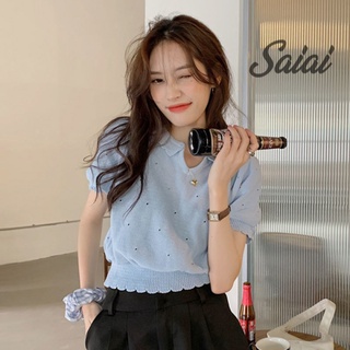 Saiai เสื้อครอปท็อปแขนสั้น คอวี ผ้าถัก แบบเรียบ สไตล์เกาหลี สําหรับผู้หญิง