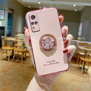 6D เคส VIVO Y51 Y51A Y31 Y53S 2021 ป้องกันเลนส์หรูหราซิลิโคนอ่อนเคสโทรศัพท์พร้อมที่วางขาตั้งเพชร