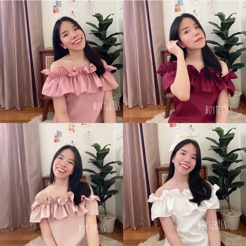 เสื้อปาดไหล่จีบอกระบาย (พร้อมส่งขาว/ชมพู)