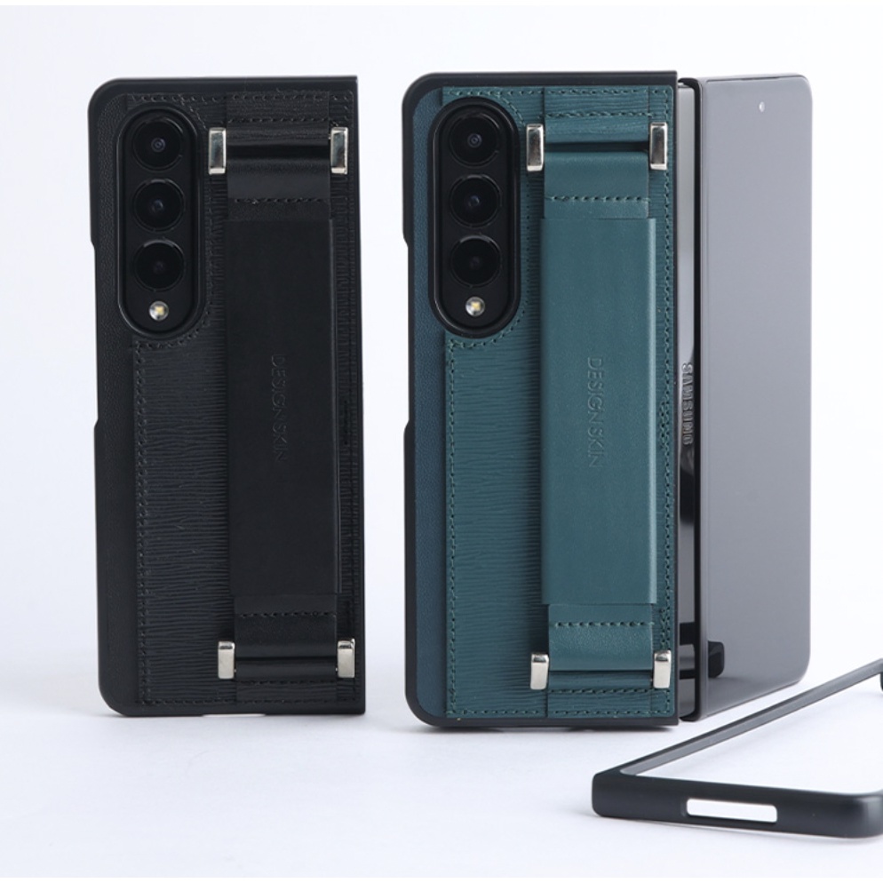 Design Skin / Galaxy Z Fold 4 Leather Band Strap Card Slot Phone Case - เคสสีดํา เขียว / fold4