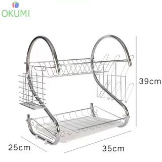 OKUMI_SHOP ที่คว่ำจานสแตนเลส รูปตัวS ขนาด2ชั้น ที่วางจาน มีถาดรองน้ำ