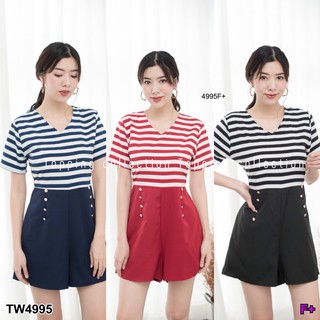 TW4995 จั๊มสูทขาสั้นลายริ้วกางเกงแต่งกระดุม