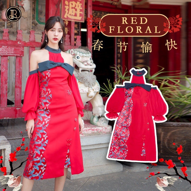 Red Floral minidress BLT BRAND : เดรสสีแดงเปิดไหล่