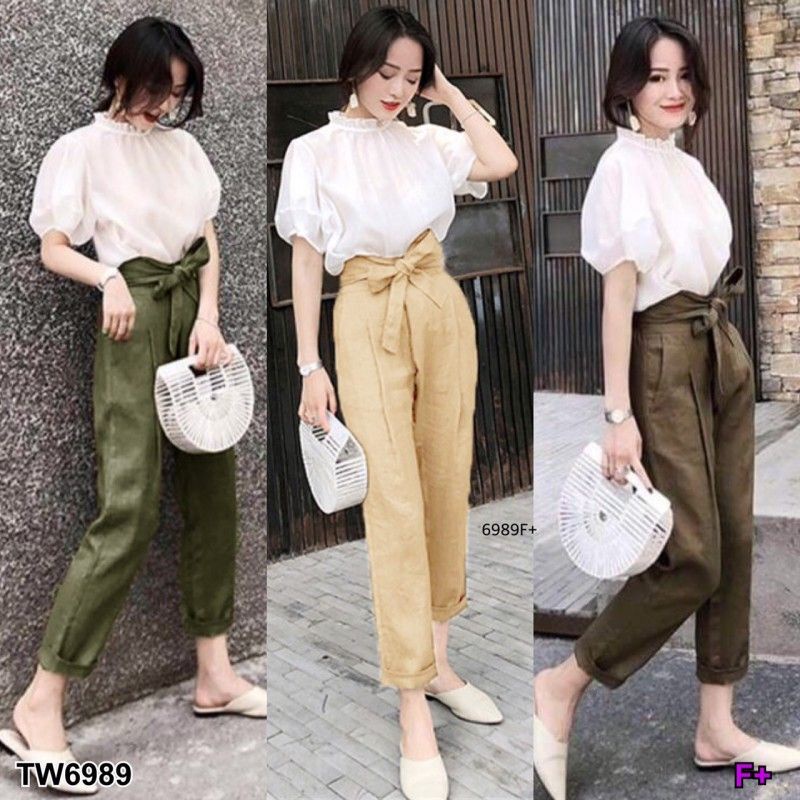 ชุดเซท เสื้อสีขาว ผ้าชีฟอง แขนบอลลูน + กางเกงขายาว แต่งผูกโบว์ เสื้อผ้าแฟชั่น ชุดเที่ยว ชุดทำงาน 698