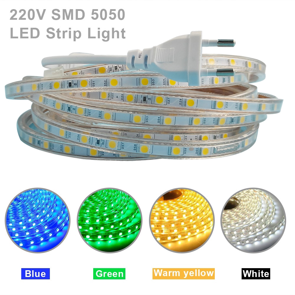 LED SMD 5050 LED strip 220V พร้อม EU ปลั๊กไฟกันน้ํา LED strip 220V กันน้ํา 5050 LED strip Warm White