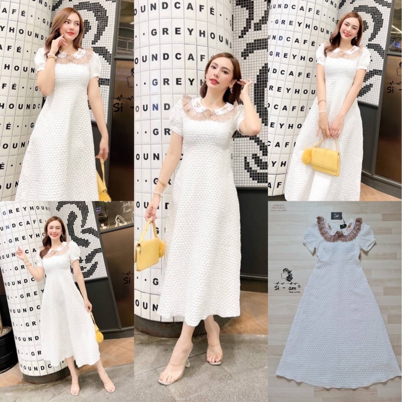 พร้อมส่ง M-4XL ป้าย Si am เดรสยาว สีขาว แขนตุ๊กตา แต่งระบายลูกไม้คอปกกระต่าย