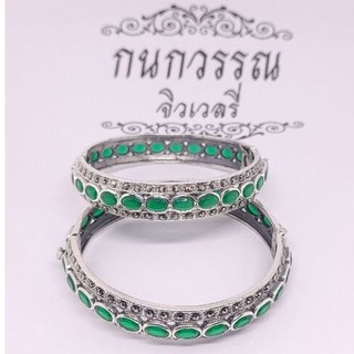 กำไลเงินเเท้ 92.5% กำไล 1 แถว สีเขียวล้วน หรือ โบราณ รัสเซีย ความกว้าง 6 เซนติเมตร