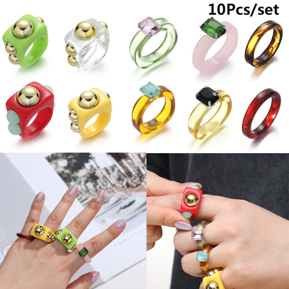 SOLIGHTER 10pcs Gift Colorful Ring Women Girls Acrylic Jewelry Resin ...