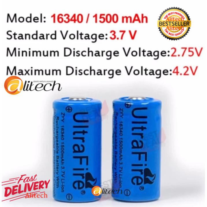 Alitech 2 x UltraFire 16340 / CR123A / LC16340 Lithium Battery 1500 mAH 3.7V Rechargeable Li-ion Bat