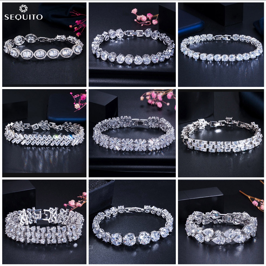 Sequito แฟชั่นเกาหลีคุณภาพสูงเงา Cubic Zirconia สร้อยข้อมือคริสตัลสําหรับผู้หญิงเจ้าสาวงานแต่งงานเครื่องประดับทองคําขาว B169