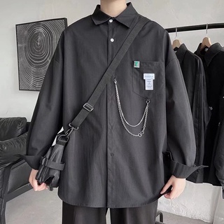 ใหม่ เสื้อเชิ้ตแขนยาว แต่งสายโซ่เหล็ก สไตล์เกาหลี ฮิปฮอป สตรีท สําหรับผู้ชาย 2022