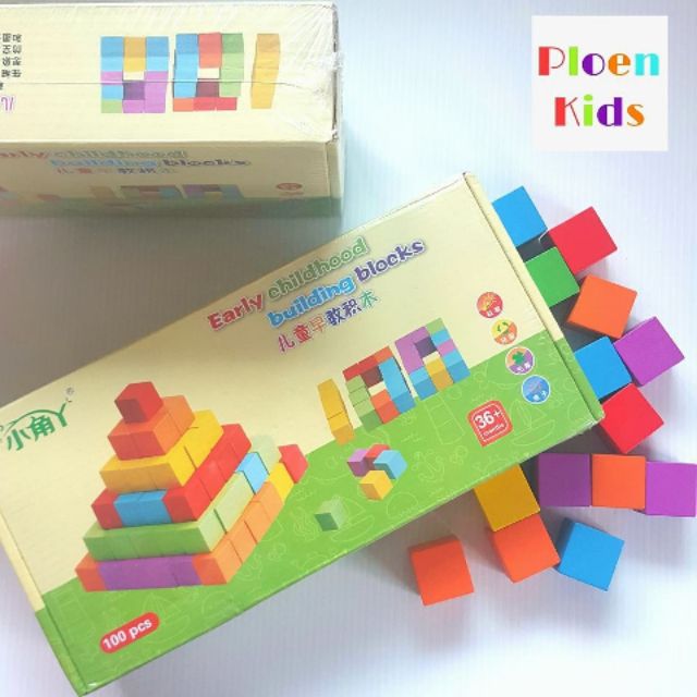 บล็อคไม้ลูกบาศก์ บล็อกตัวต่อไม้ 100 ชิ้น หลากสี ขนาด 2.5*2.5*2.5 ซม. ฝึกสำหรับเข้ารร.แนวสาธิต
