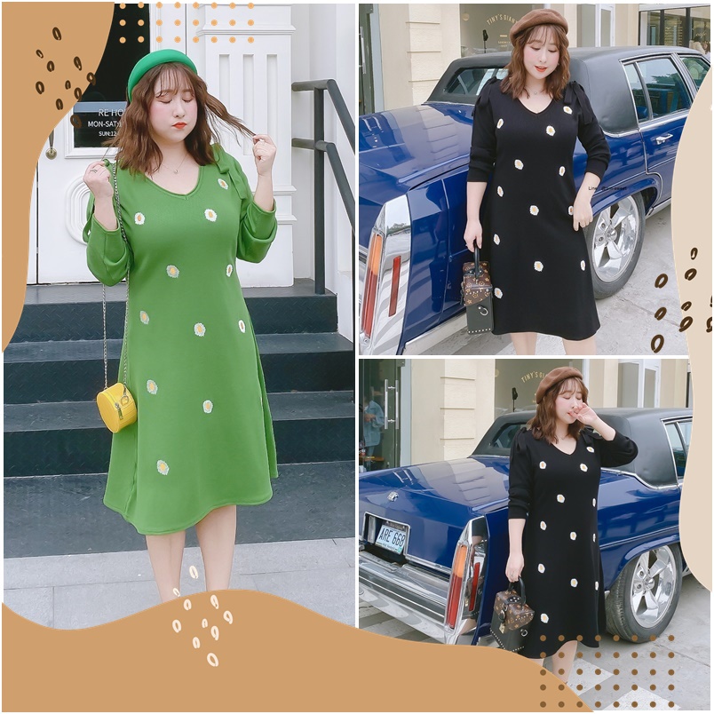 PMSWEET PLUSSIZE : PM3361 : พร้อมส่ง เสื้อผ้าไซส์ใหญ่ คนอ้วน สาวอวบ ชุดเดรสปักลาย ชุดเดรสไหมพรม เนื้